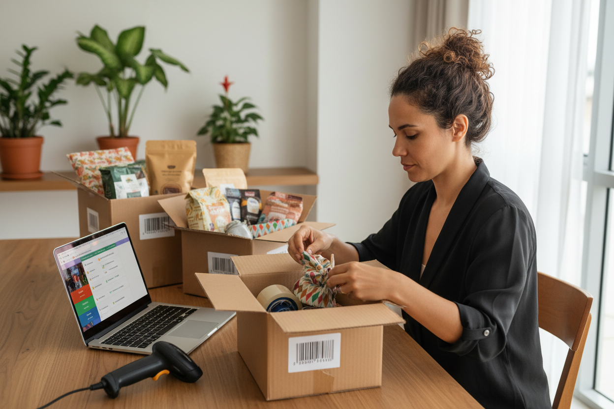 Empreendedor preparando produtos com códigos de barras EAN-13 para vender na Amazon, Mercado Livre e Shopee.