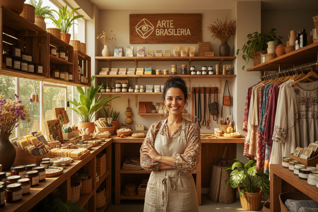 Oficina de produtos artesanais no Brasil com um pequeno empreendedor aplicando um código de barras em produtos feitos à mão.