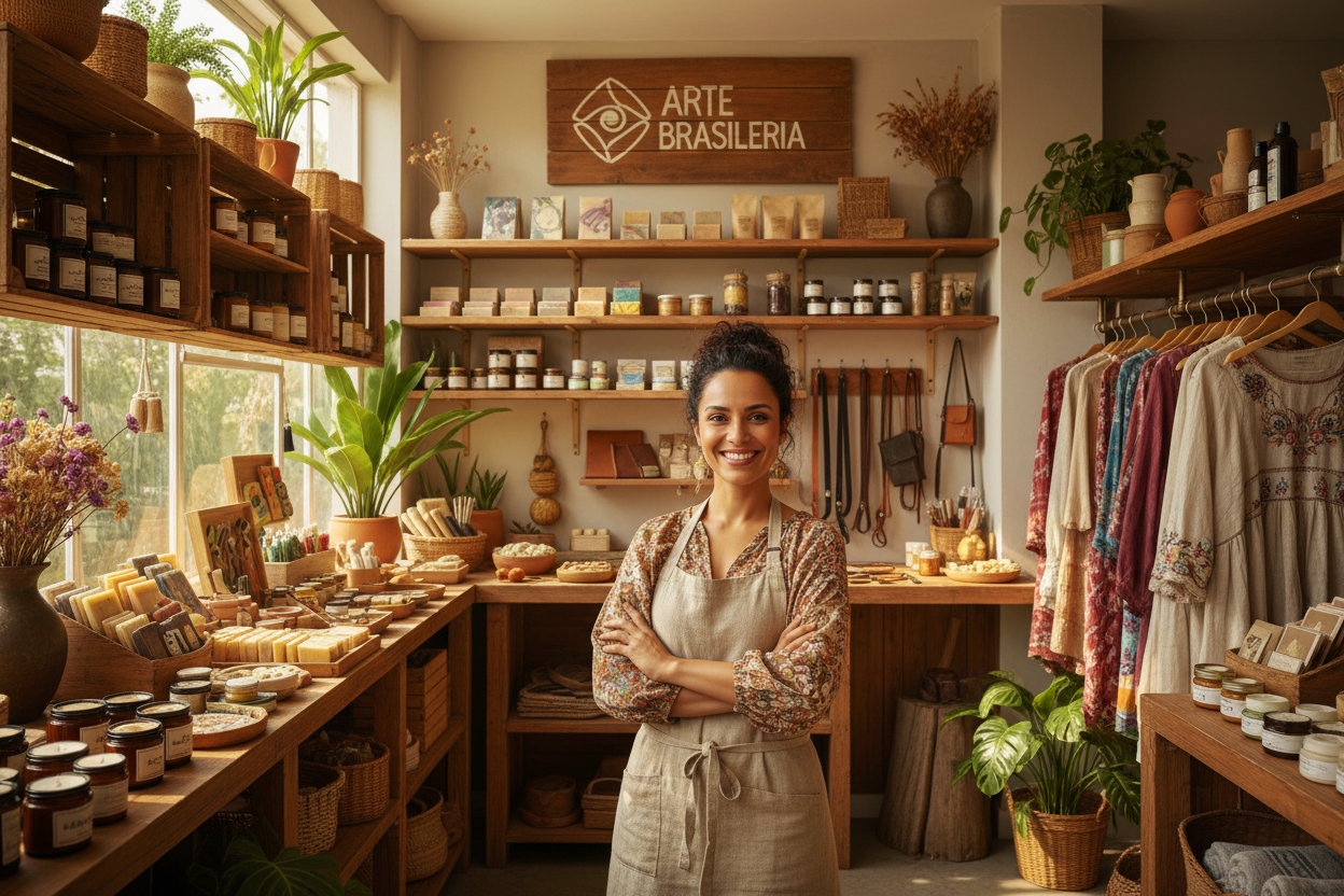 Oficina de produtos artesanais no Brasil com um pequeno empreendedor aplicando um código de barras em produtos feitos à mão.