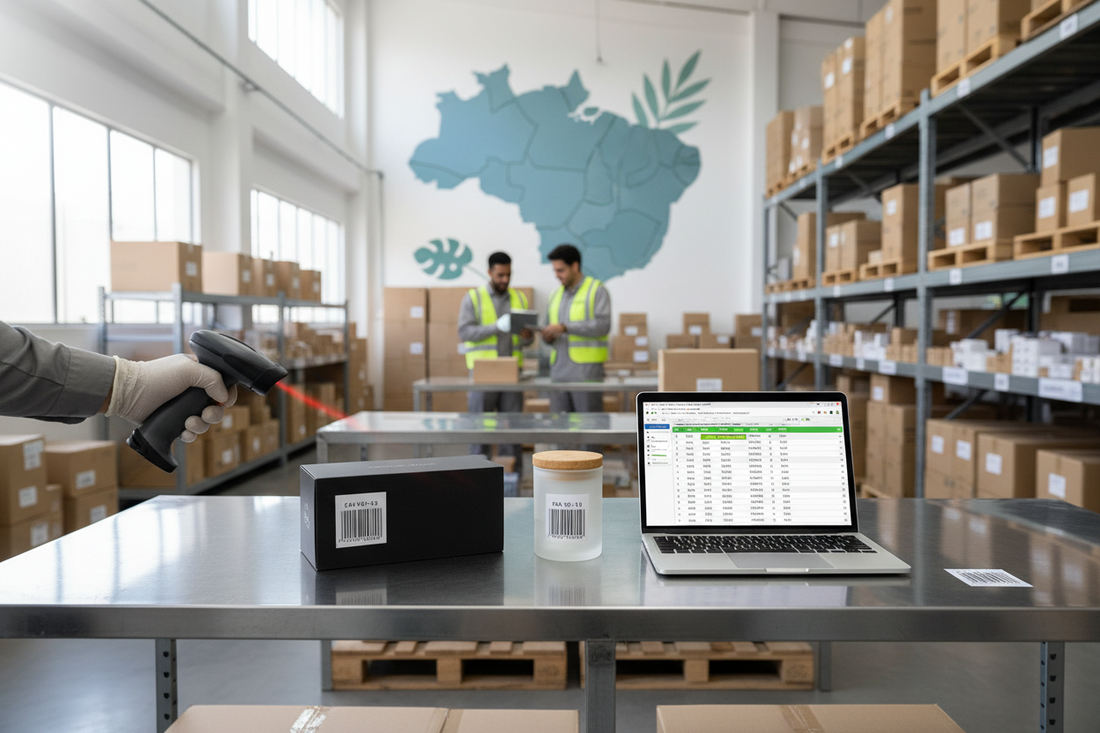 Verificação de códigos de barras EAN-13 duplicados em produtos com scanner e sistema digital de gerenciamento de códigos.