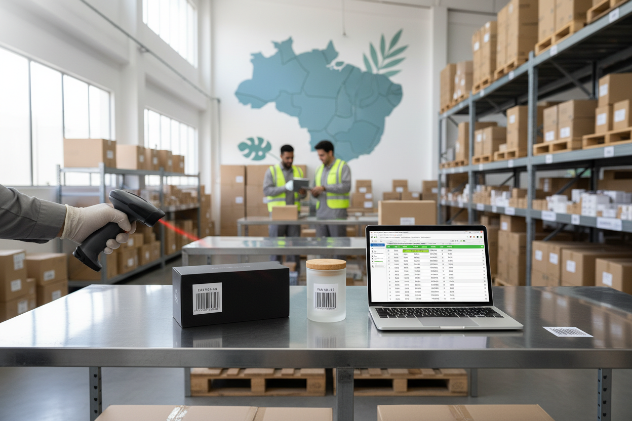 Verificação de códigos de barras EAN-13 duplicados em produtos com scanner e sistema digital de gerenciamento de códigos.
