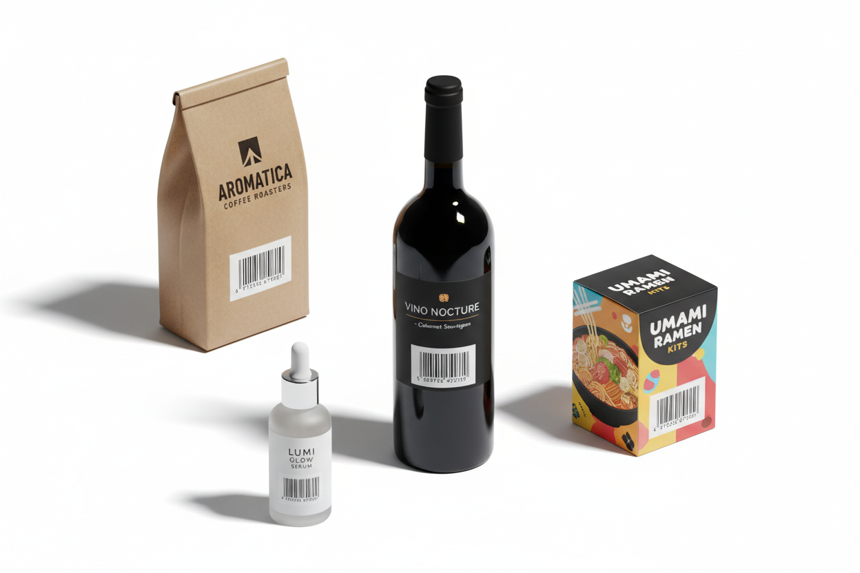 Produtos diferentes com códigos de barras EAN-13 exclusivos para identificação no varejo.