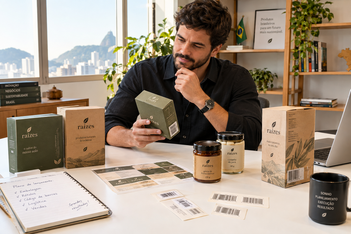 Empreendedor brasileiro preparando produtos de marca própria com códigos de barras nas embalagens.