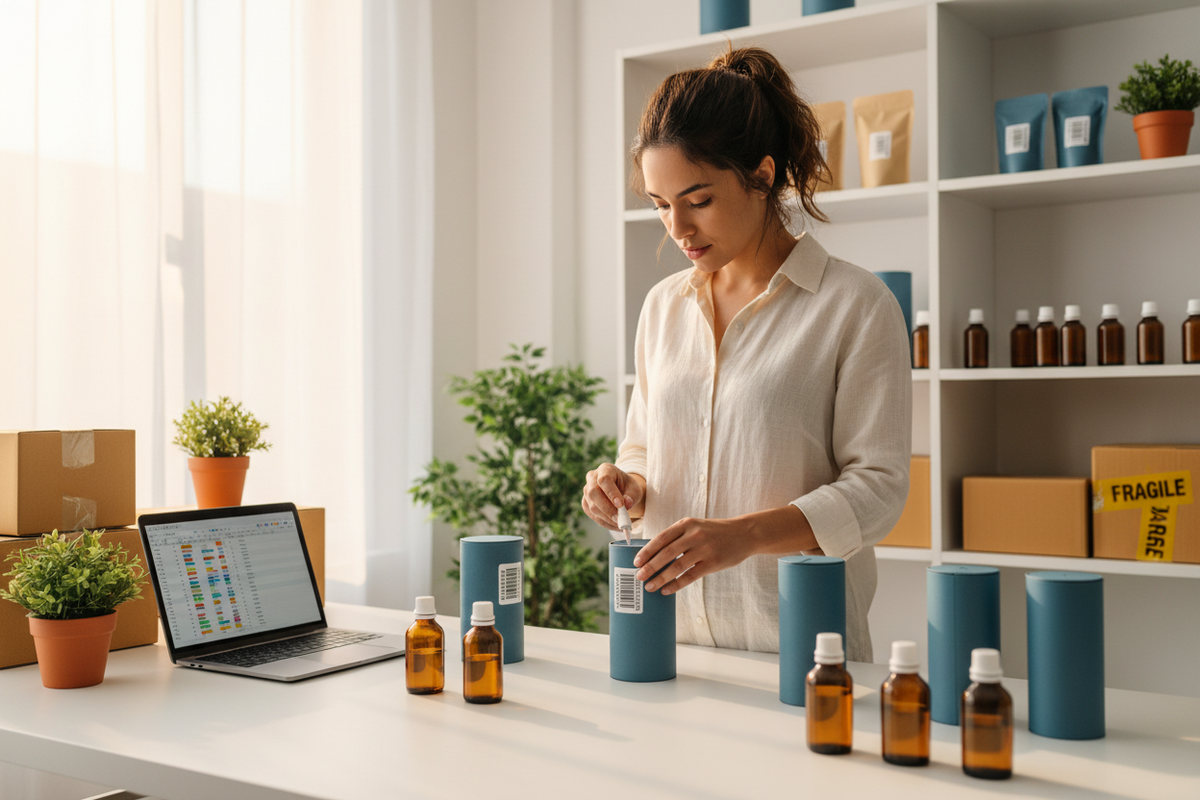 Empreendedor de pequena empresa preparando produtos com códigos de barras EAN-13 para venda no Brasil.