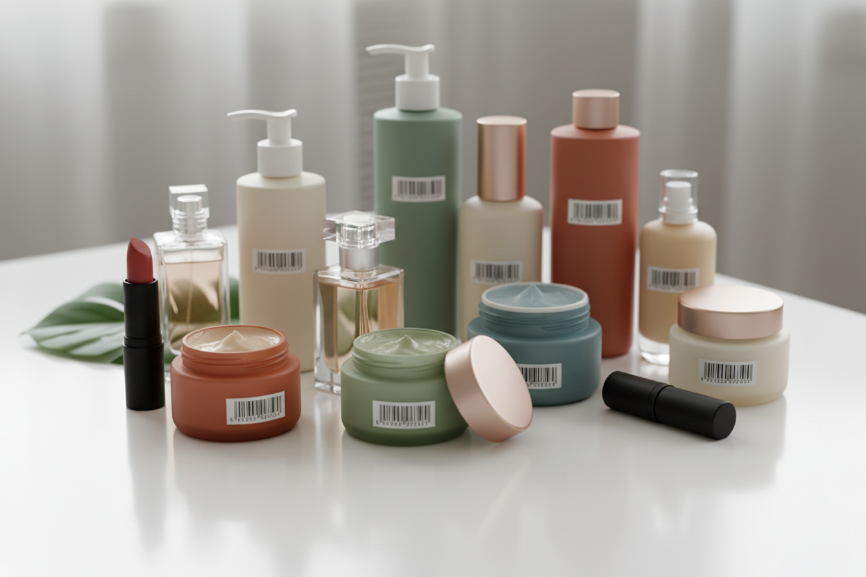 Produtos cosméticos com códigos de barras nas embalagens