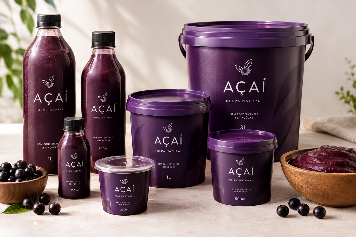 Garrafas e potes de açaí em diferentes tamanhos com códigos de barras nas embalagens