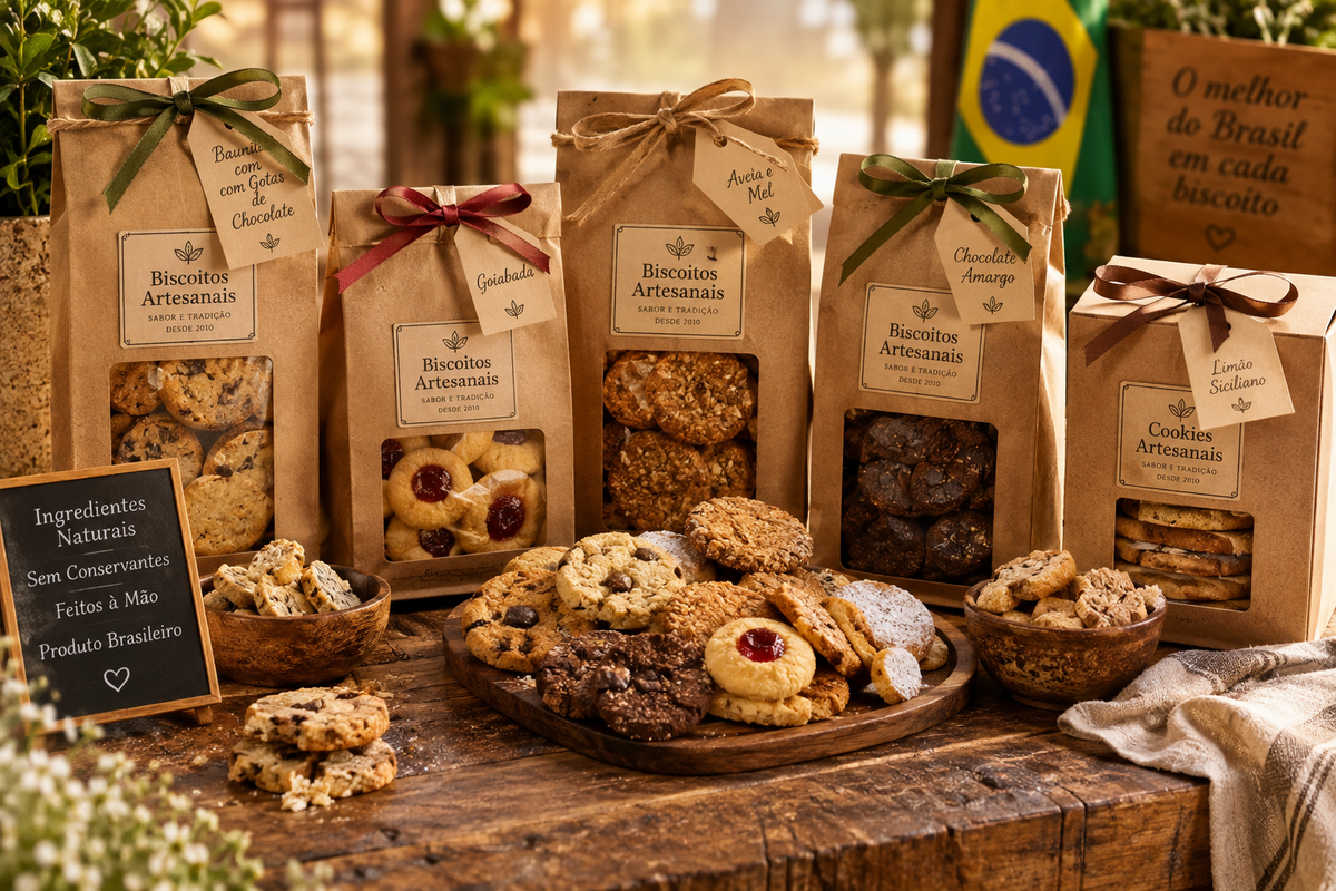 Pacotes de biscoitos e cookies artesanais com códigos de barras prontos para venda no Brasil