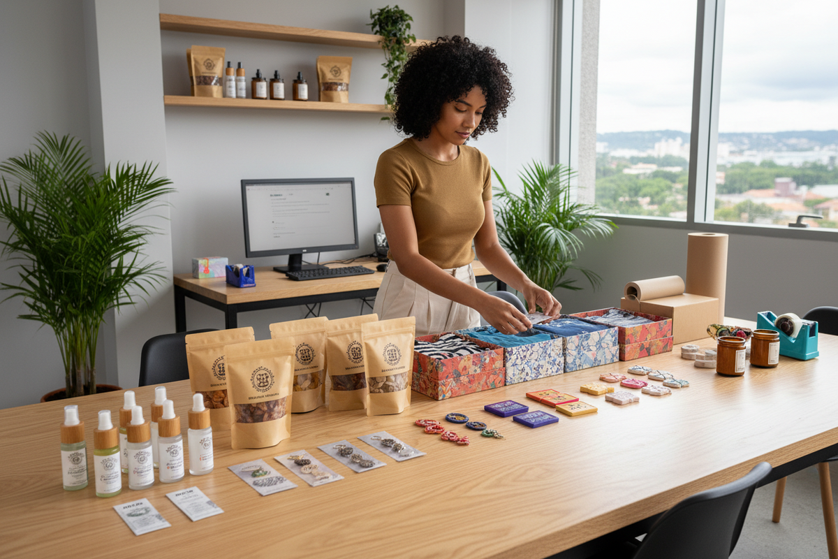 Diferentes produtos e variações organizados com códigos de barras individuais para calcular quantos códigos são necessários.