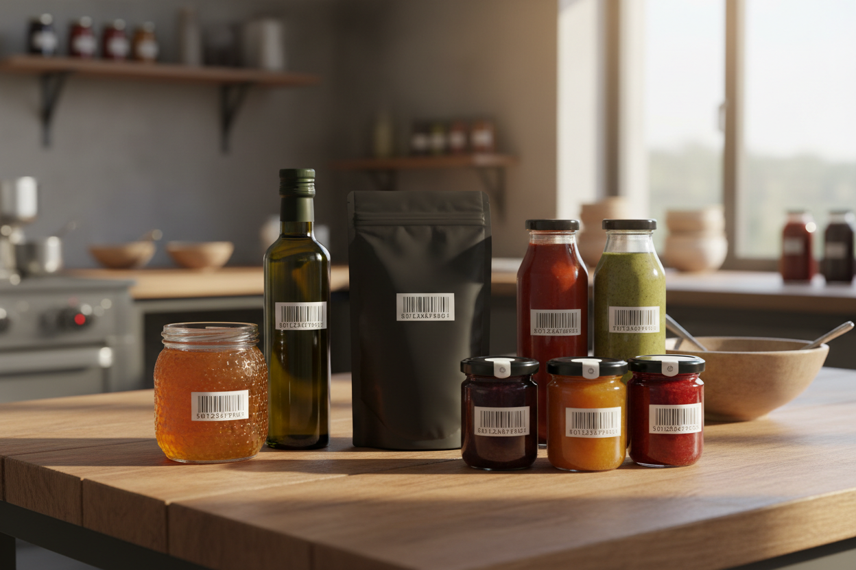 Produtos alimentícios embalados com códigos de barras EAN-13 prontos para venda.