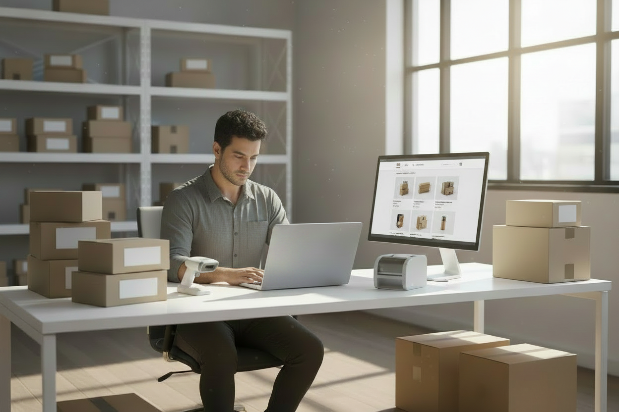 Empreendedor gerando um código de barras EAN-13 para produtos em um computador em um ambiente de trabalho moderno.